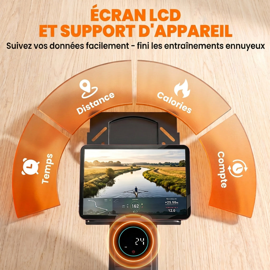 Rameur Musculation d'Appartement Pliable 16 Niveaux, App, Écran LCD, Support de Tablette, 180x50x75cm, Noir-6