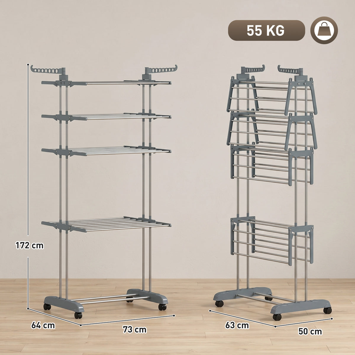 Séchoir à linge pliable 4 niveaux avec roulettes, étendoir linge intérieur avec ailes latérales, cadre en acier, gris-2