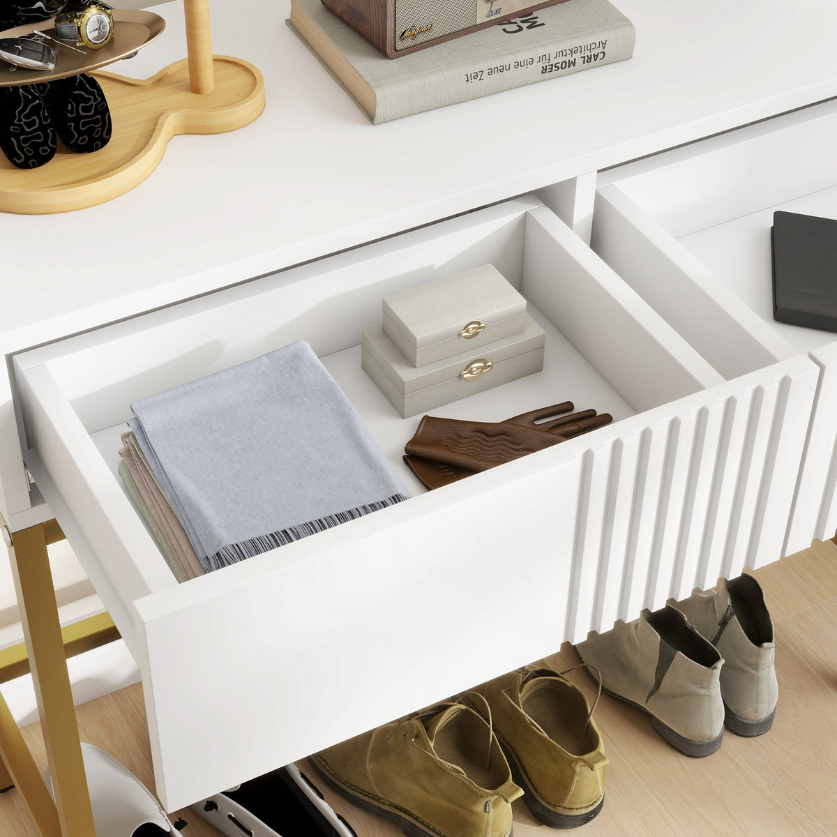 Table console console meuble avec 2 tiroirs base en acier avec pieds antidérapants 80 x 31,5 x 75 cm blanc-7