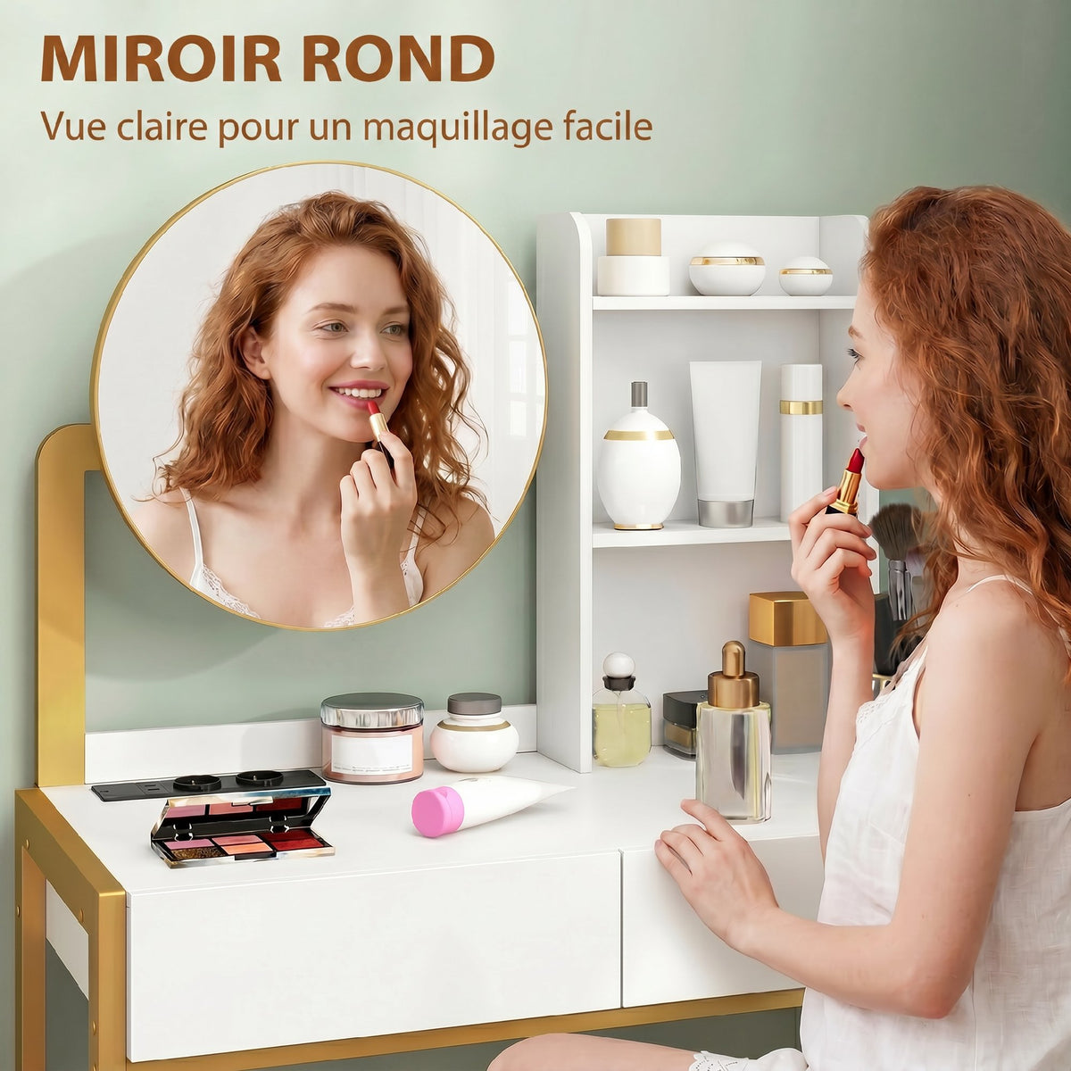Coiffeuse avec miroir et tabouret, station de charge, table de maquillage avec 2 tiroirs, 3 étagères ouvertes, blanc-4