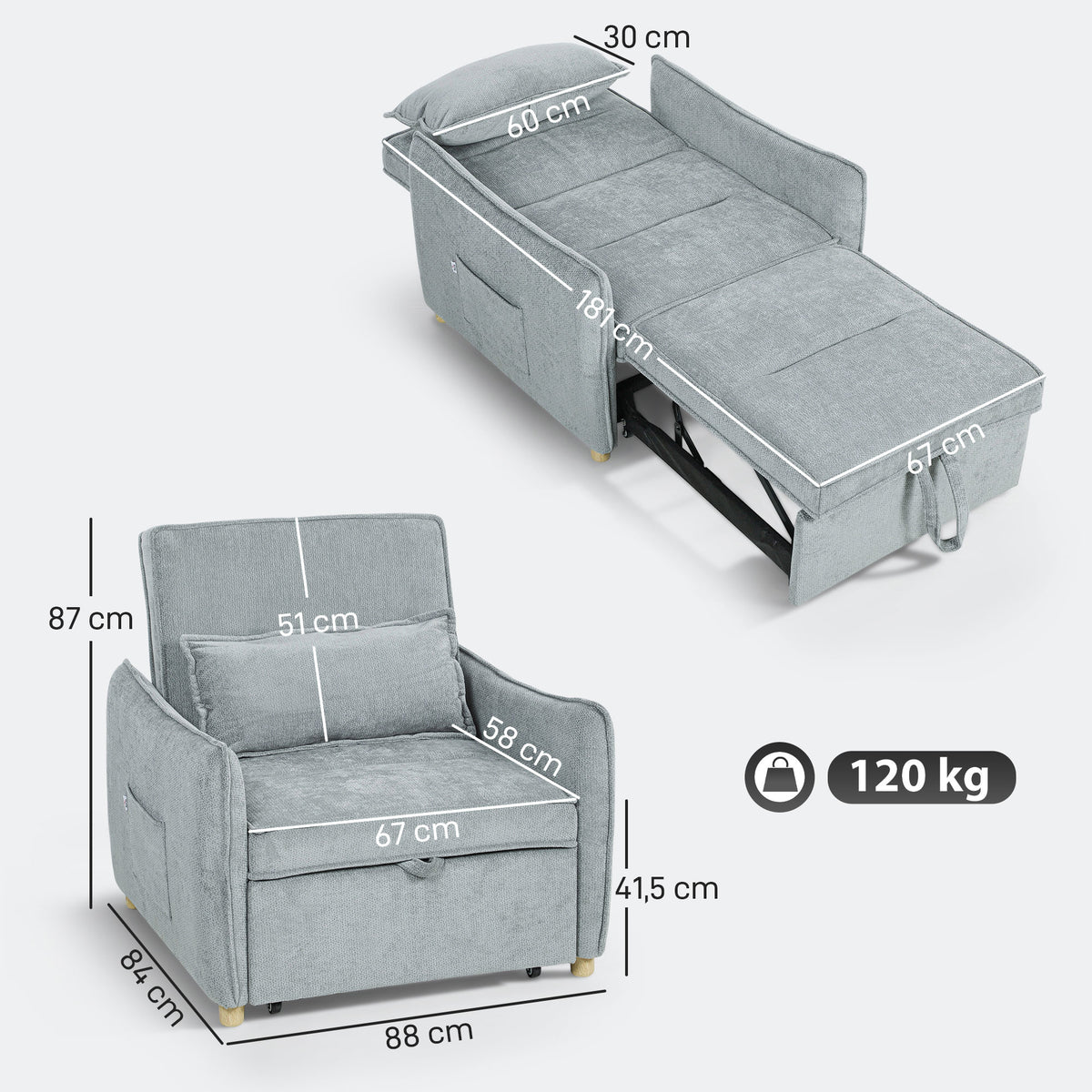 Fauteuil convertible 1 place 3 en 1, fauteuil-lit clic-clac en chenille, assise large dossier réglable, 88x84x87cm, gris-2