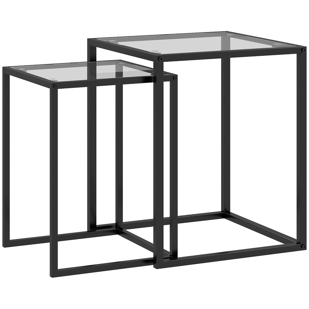 Lot de 2 tables basse gigogne, tables d'appoint empilable, plateau verre trempé cadre acier, patins antidérapants, noir-0