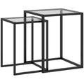 Lot de 2 tables basse gigogne, tables d'appoint empilable, plateau verre trempé cadre acier, patins antidérapants, noir-0