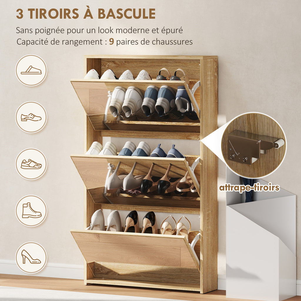 Meuble à chaussures 9 paires, armoire à chaussures étroite, 3 tiroirs rabattables portes miroirs, 65x17x114,5cm naturel-3