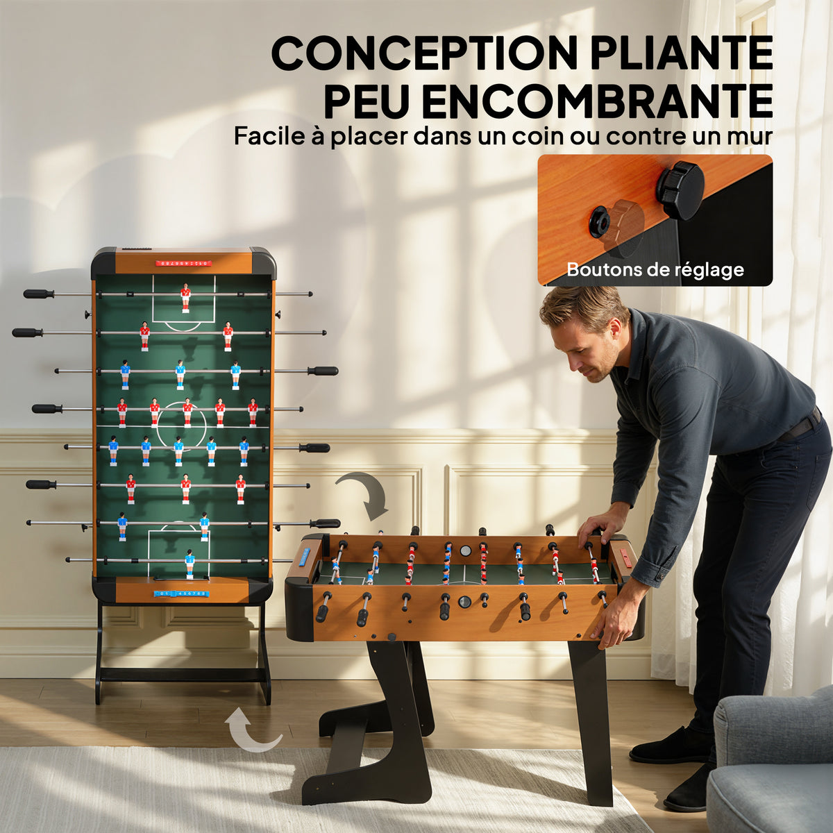 Baby-foot pliable en bois table de babyfoot pliable sur pied avec 2 balles 22 joueurs, 118 x 107,5 x 78 cm, marron-3