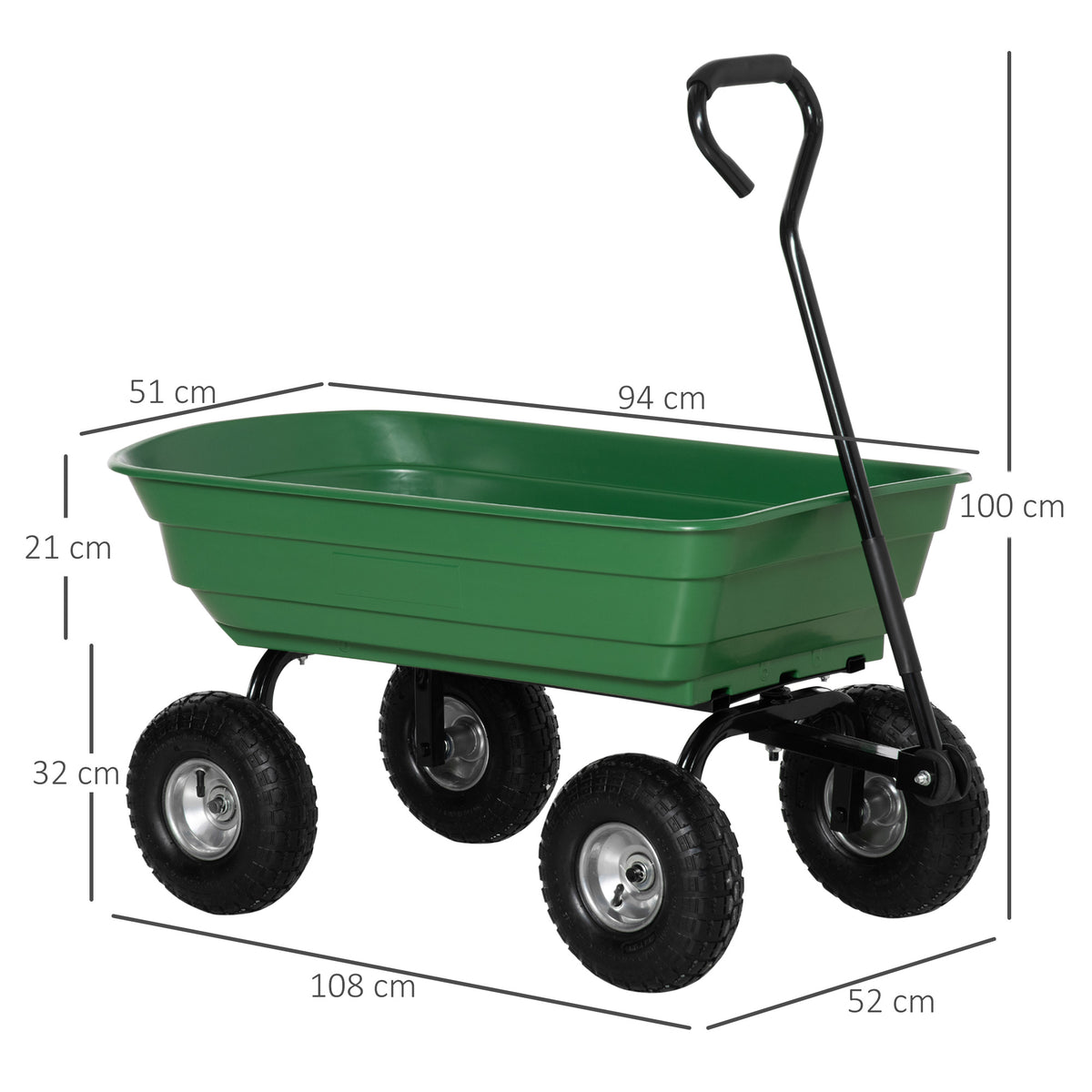 Chariot de Jardin 100L Charge 250 kg, 4 Roues pneumatiques Remorque à Main pour Extérieur 108 x 52 x 100 cm Acier vert-2
