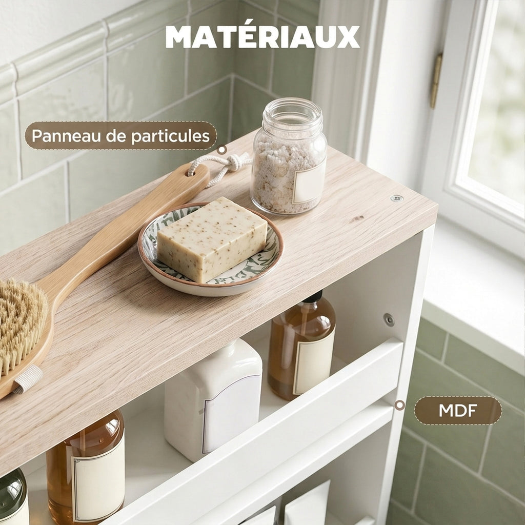 Chariot de rangement à 3 niveaux chariot de stockage étagère sur roulettes pour cuisine étroite salle de bain buanderie bureau avec poignée - 48 x 15 x 80 cm blanc-5
