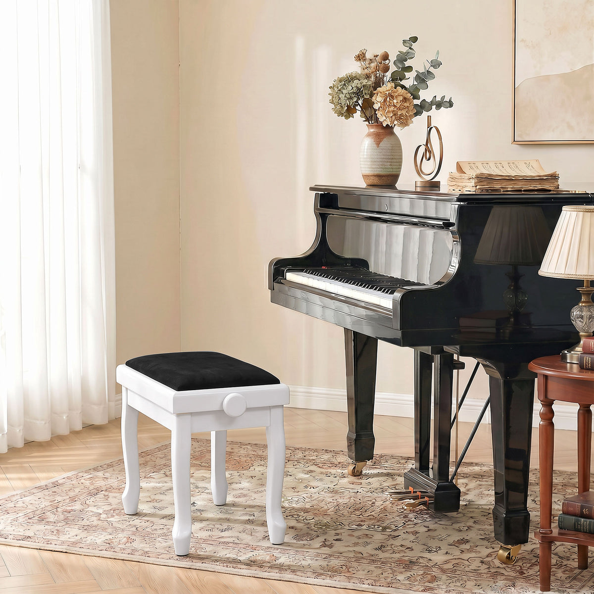 Banc de Piano, Tabouret Piano Réglable en Hauteur 45-56 cm, Banc de Clavier, Siège Rembourré en Velours, Blanc-1