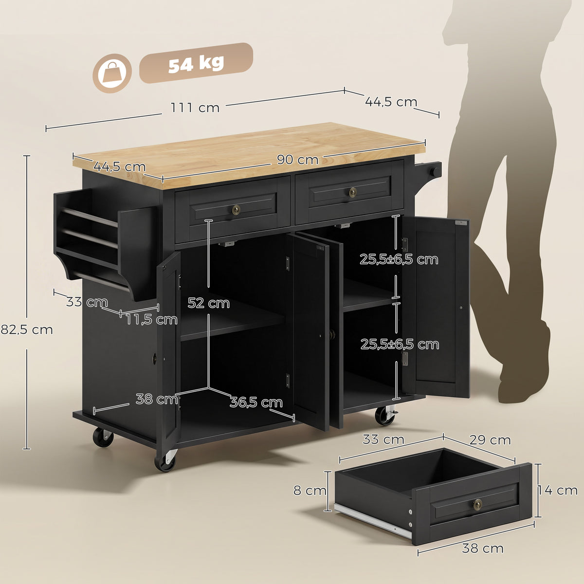 Îlot Central Cuisine avec Plateau en Hévéa, Desserte de Cuisine sur Roulettes avec 2 Tiroirs, 111 x 44,5 x 82,5 cm, Noir-2