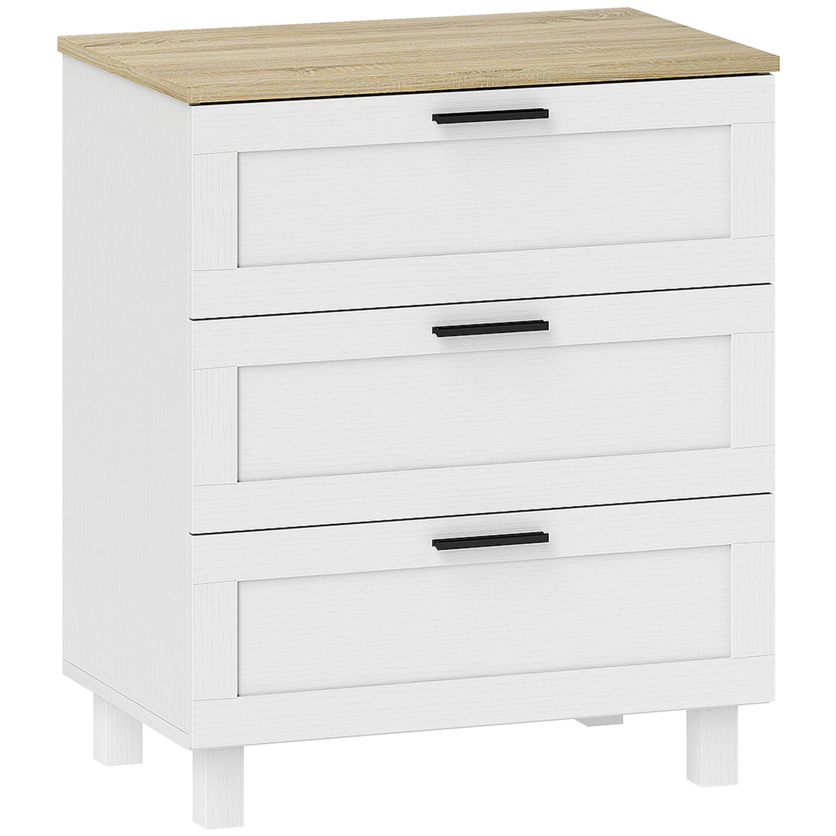 Commode 3 tiroirs meuble de rangement style moderne pieds en bois massif et plateau effet bois, 60 x 38 x 71 cm, blanc-0