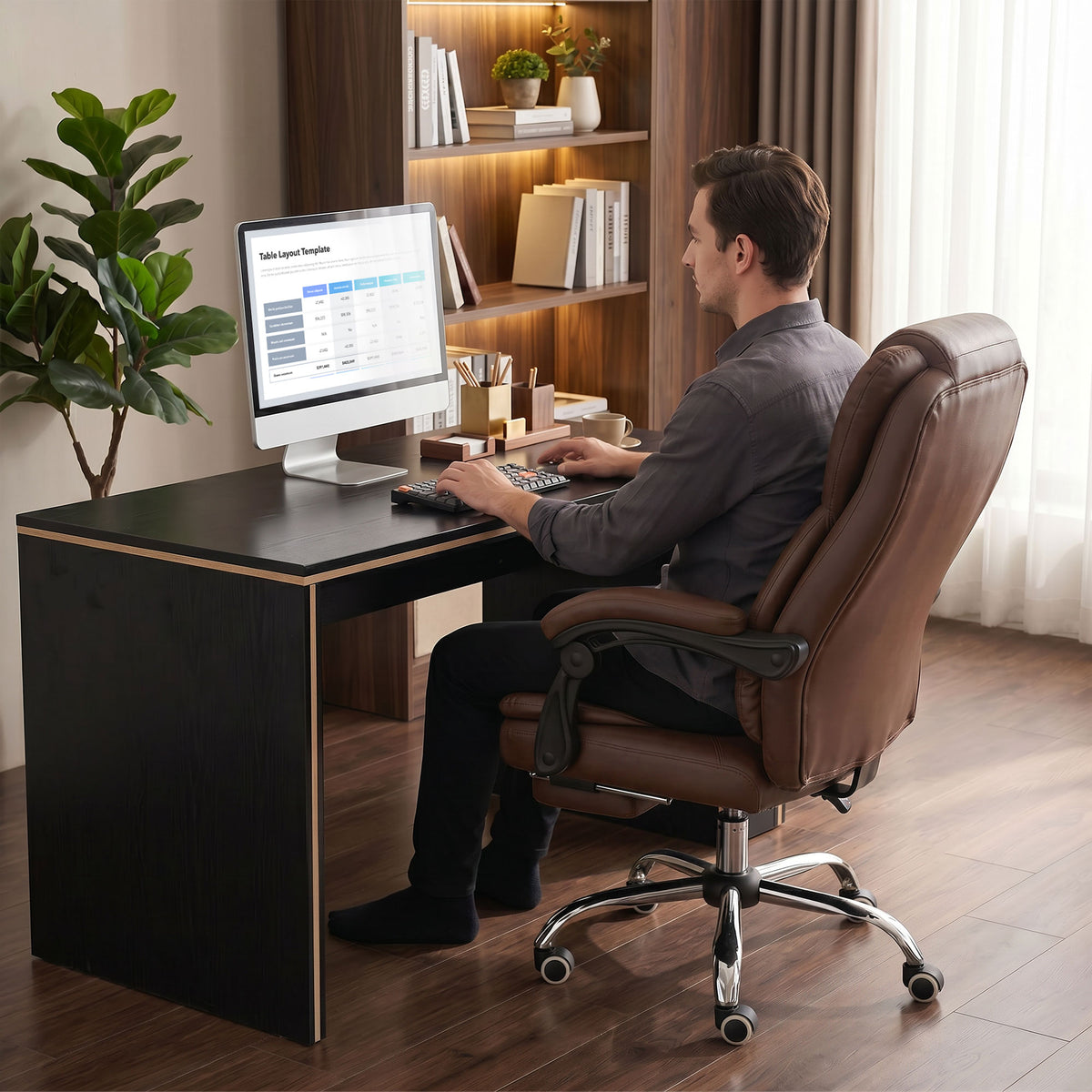 Fauteuil de bureau direction massant chauffant hauteur réglable dossier inclinable toile de microfibre marron-4