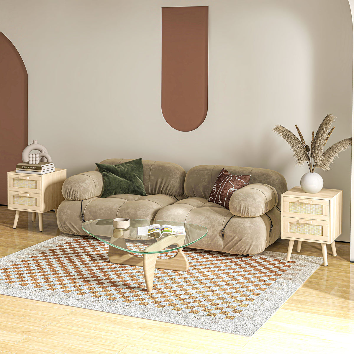 Lot de 2 tables de chevet tables d'appoint 2 tiroirs façades aspect cannage rotin style bohème 40 x 40 x 56 cm naturel-9