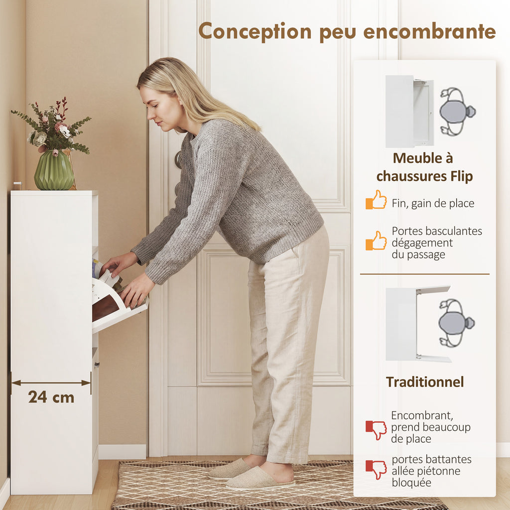 Meuble à chaussures 8 paires, armoire à chaussures, 2 tiroirs rabattables, étagères réglables et compartiment, blanc-3