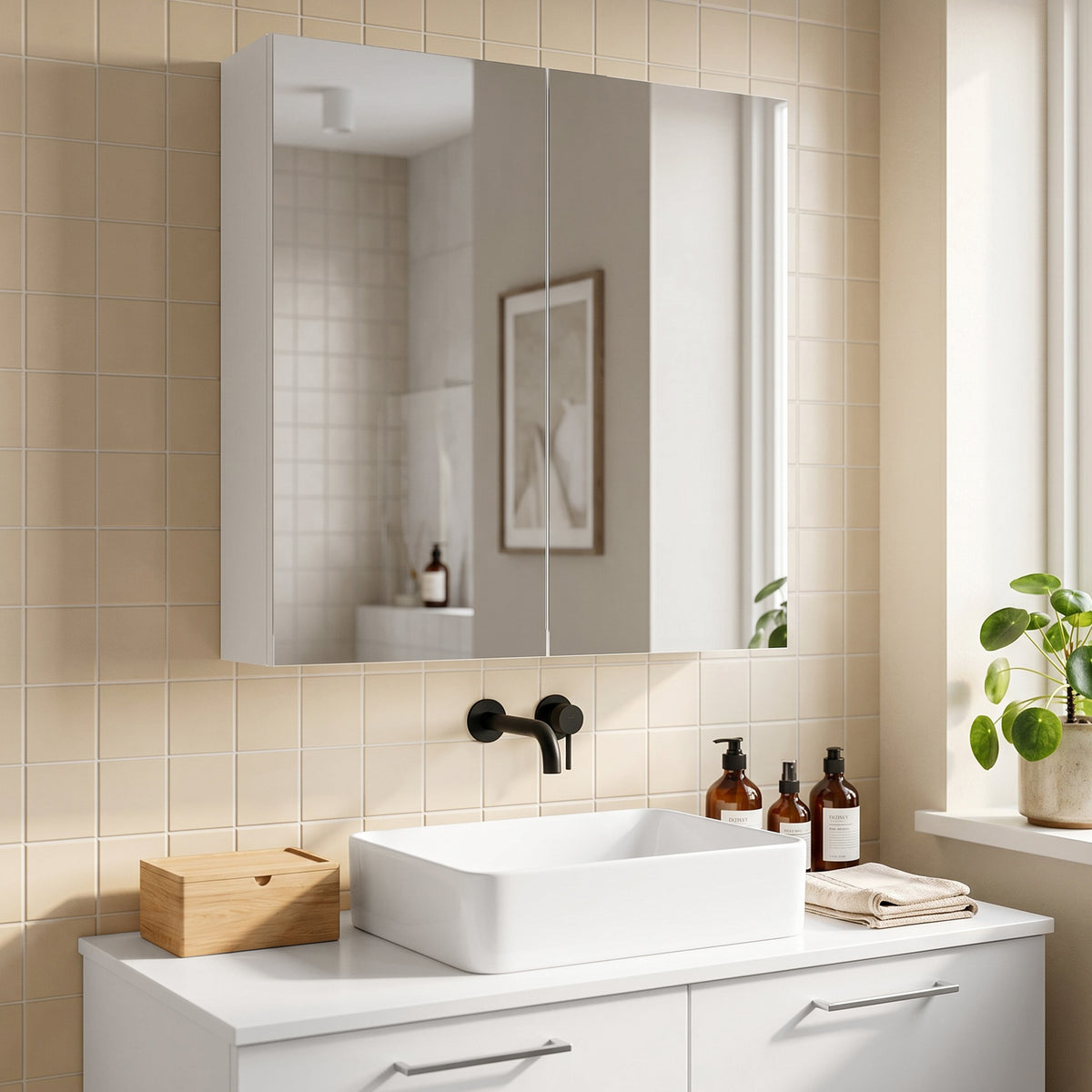 Armoire avec Miroir en Bois Rangement Salle de Bain Fermeture Porte Tampon MDF-9
