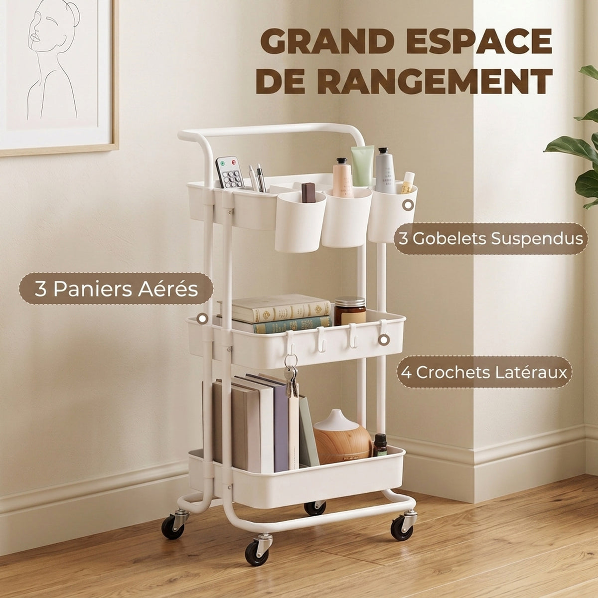 Chariot à 3 niveaux desserte avec 4 crochets et 3 boîtes suspendues amovibles pour 42 x 38 x 86,5 cm blanc-3