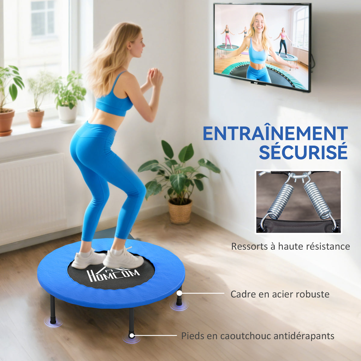 Mini trampoline de fitness, trampoline d'exercice avec pieds antidérapants, charge 100 kg, Ø 81 x 22,5 cm, bleu et noir-3