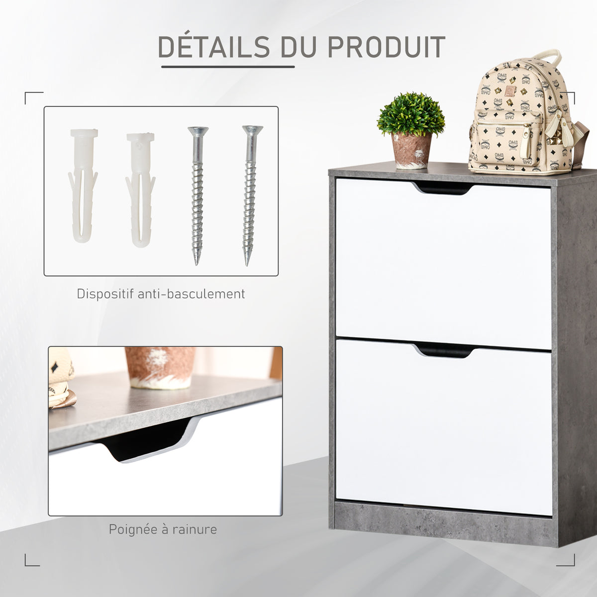 Meuble à chaussures meuble d'entrée placard de rangement, 2 portes abattantes, 62,5 x 26 x 81 cm, gris et blanc-4