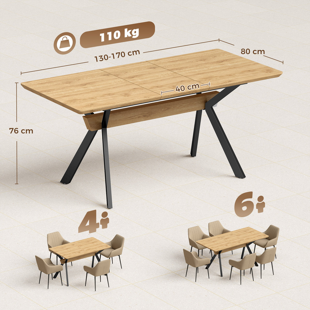 Table à Manger Extensible pour 4 à 6 Personnes, 130-170 cm, Table de Cuisine Rectangulaire, Bords Arrondis, Chêne-2