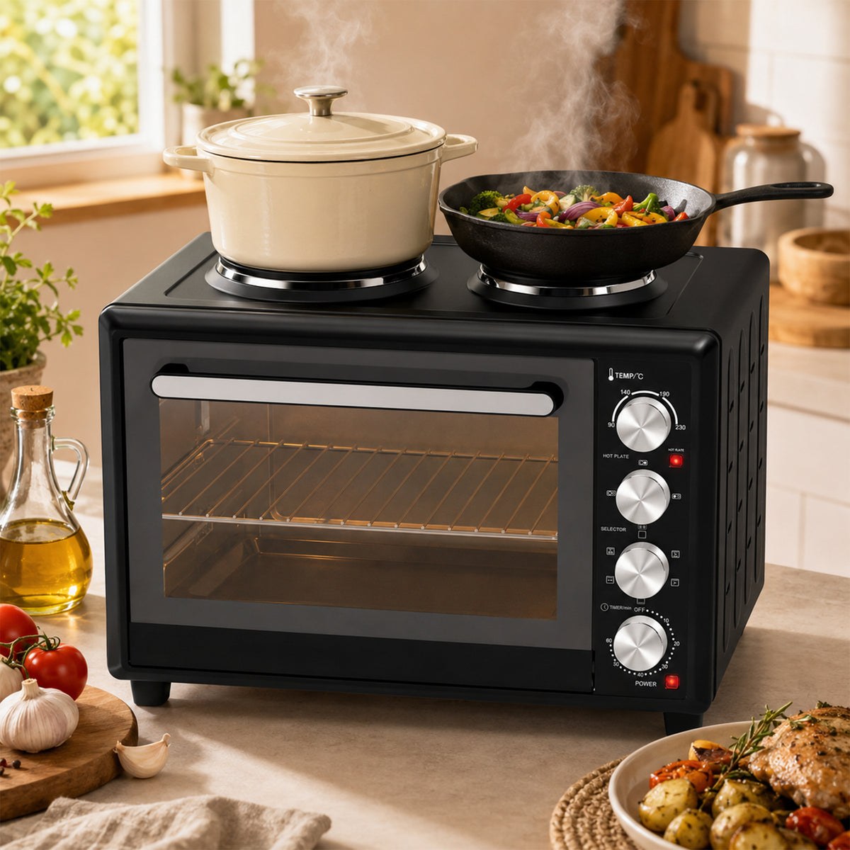 Mini-Four avec 2 Plaques de Cuisson et Broche Rotative 46L 2850 W, Four à Convection Multifonction, Minuterie, Noir-9