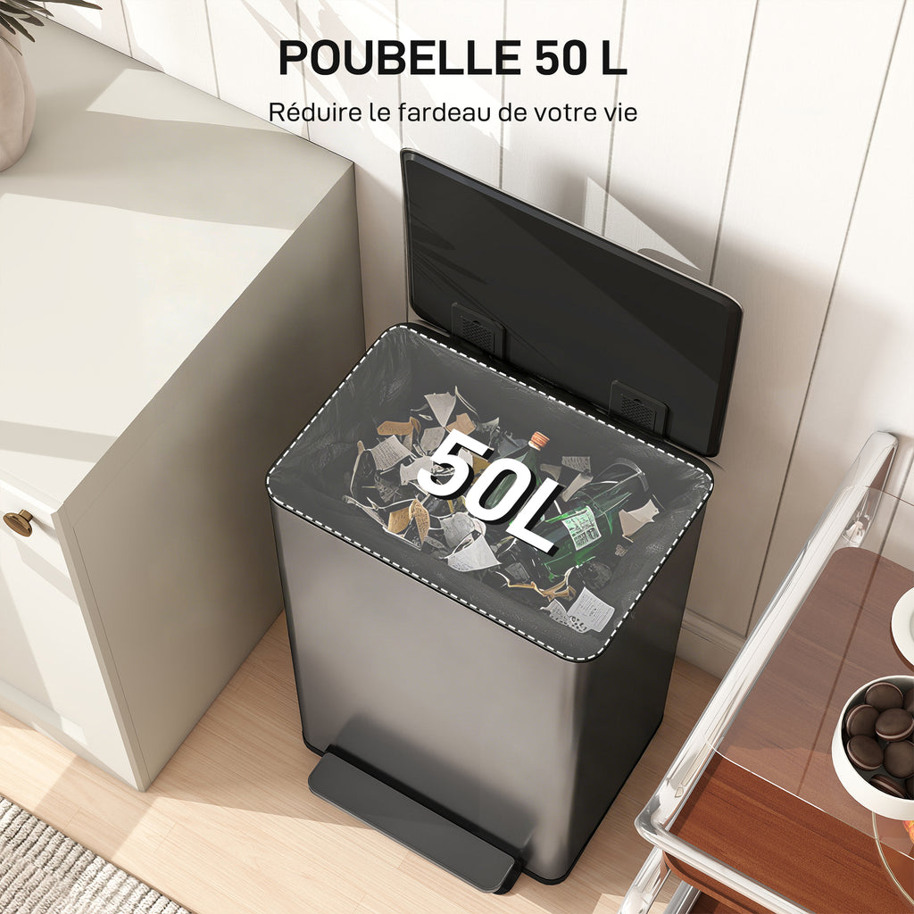 Poubelle cuisine 50L, poubelle à pédale, seau intérieur amovible, couvercle à fermeture douce, 41,7x36,6x62cm, argent-3