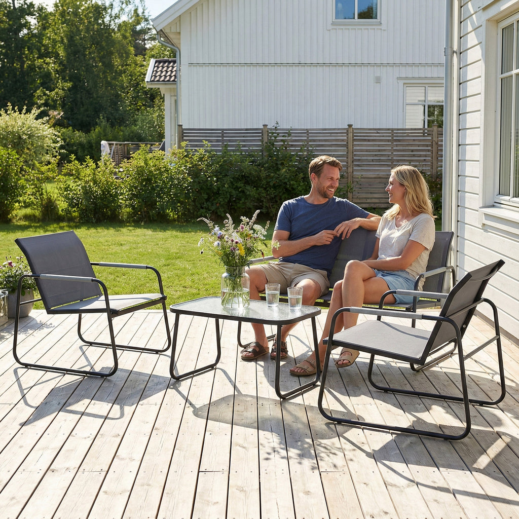 Salon de Jardin Ensemble de Terrasse en Acier et Textilène 4 Pièces avec Accoudoirs Corde Tressée Gris-7