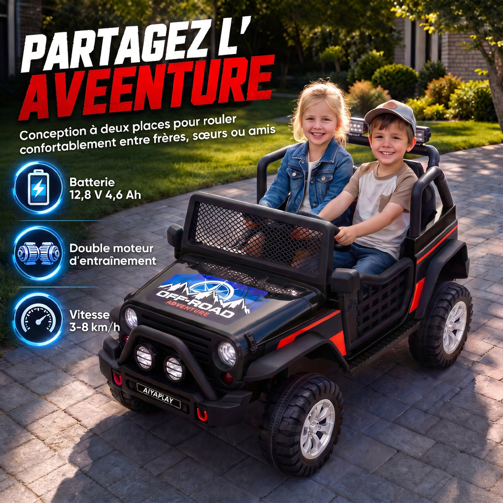 Voiture électrique enfant 2 places 12,8 V, 2 moteurs, batterie lithium, télécommande parentale, noir-3