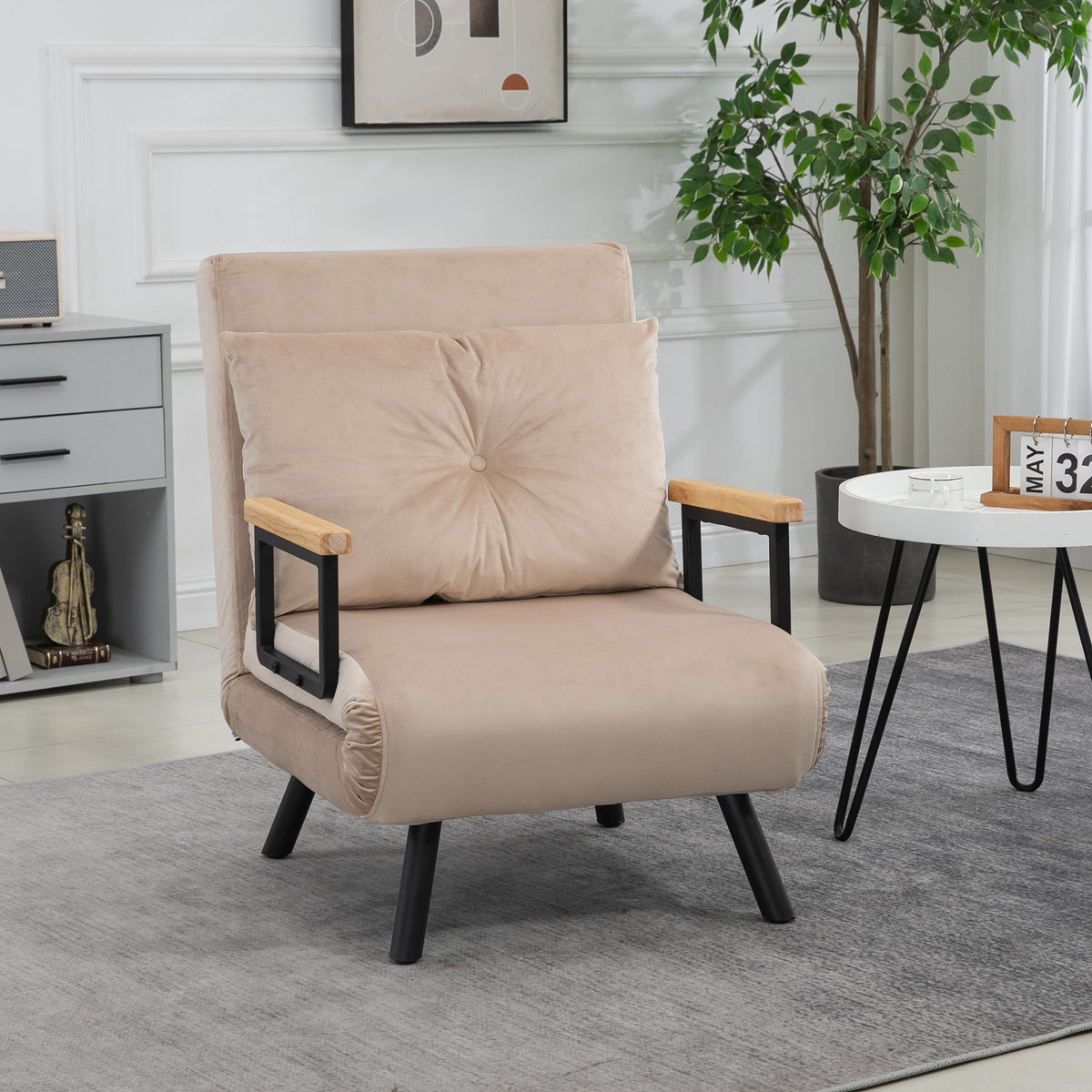 Fauteuil convertible 3 en 1 lit 1 place dossier 5 positions, accoudoirs en bois et coussin, tissu effet velours, beige-6