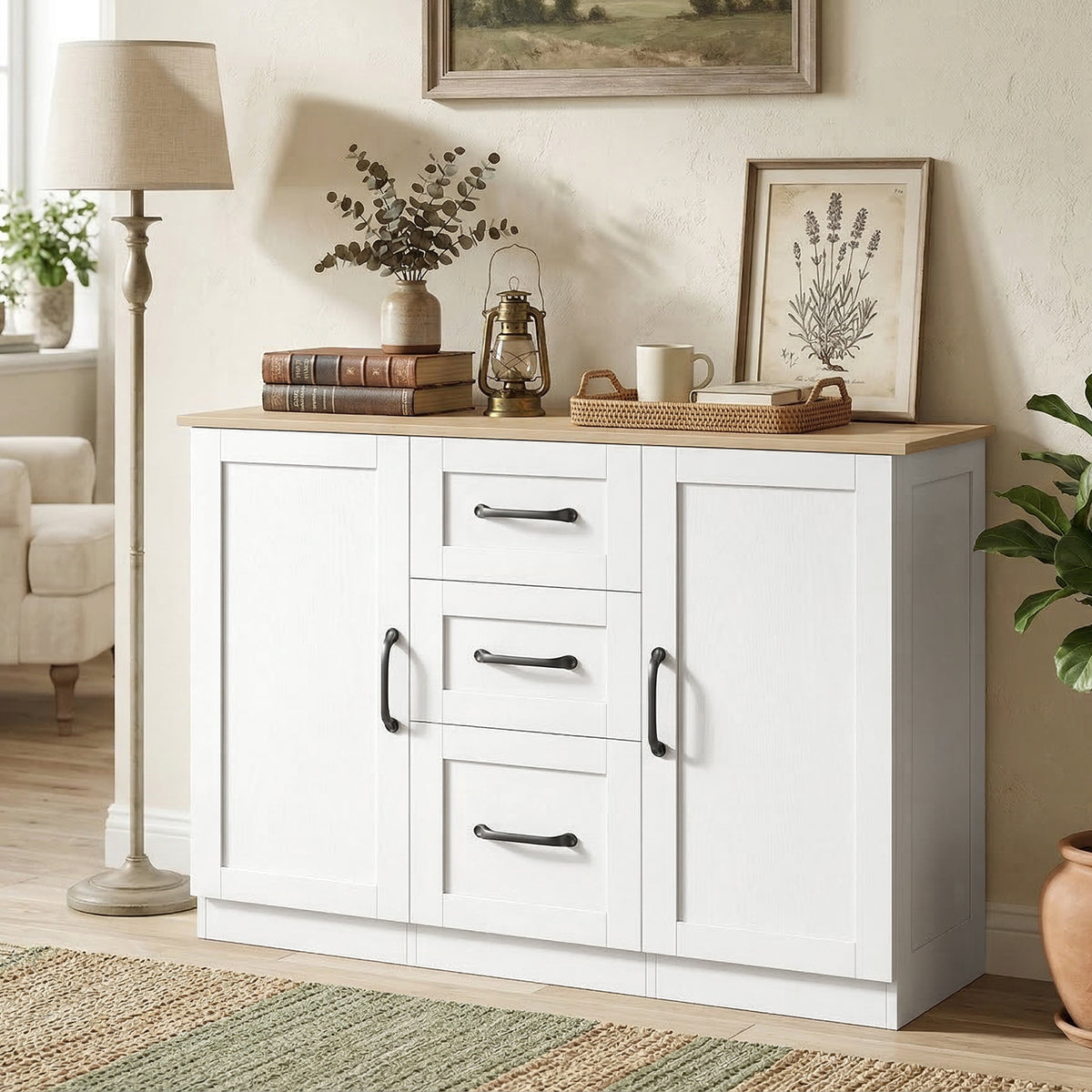 Buffet salon, meuble de rangement avec 2 portes à fermeture douce et 3 tiroirs, 110x35x80,4cm, blanc et bois naturel-1