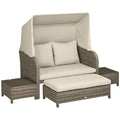 Ensemble salon de jardin 4 pièces canapé 2 places + 1 repose-pieds + 2 table basse avec coussins beige marron-0