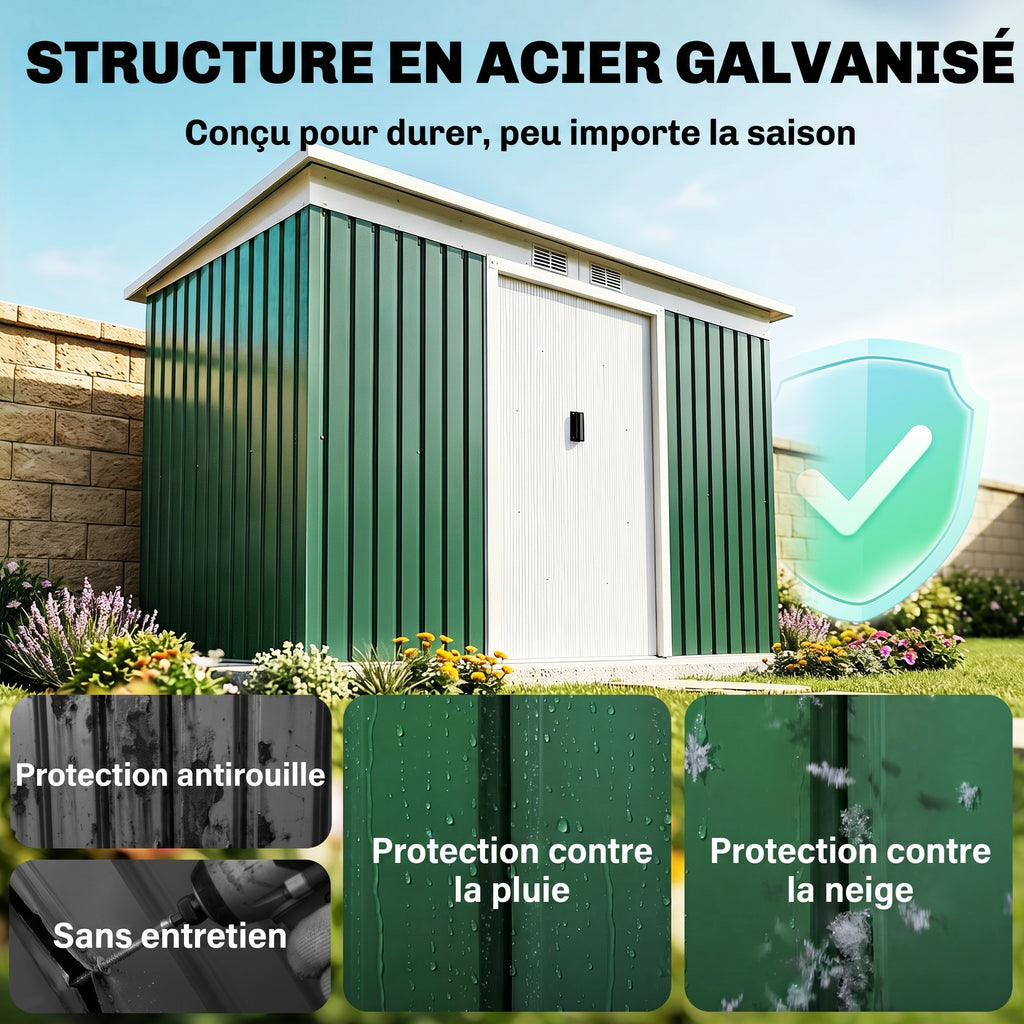 Abri de jardin 3,6 m² 280 x 130 x 172 cm kit de fondation porte coulissante ventilations acier galvanisé vert foncé-3