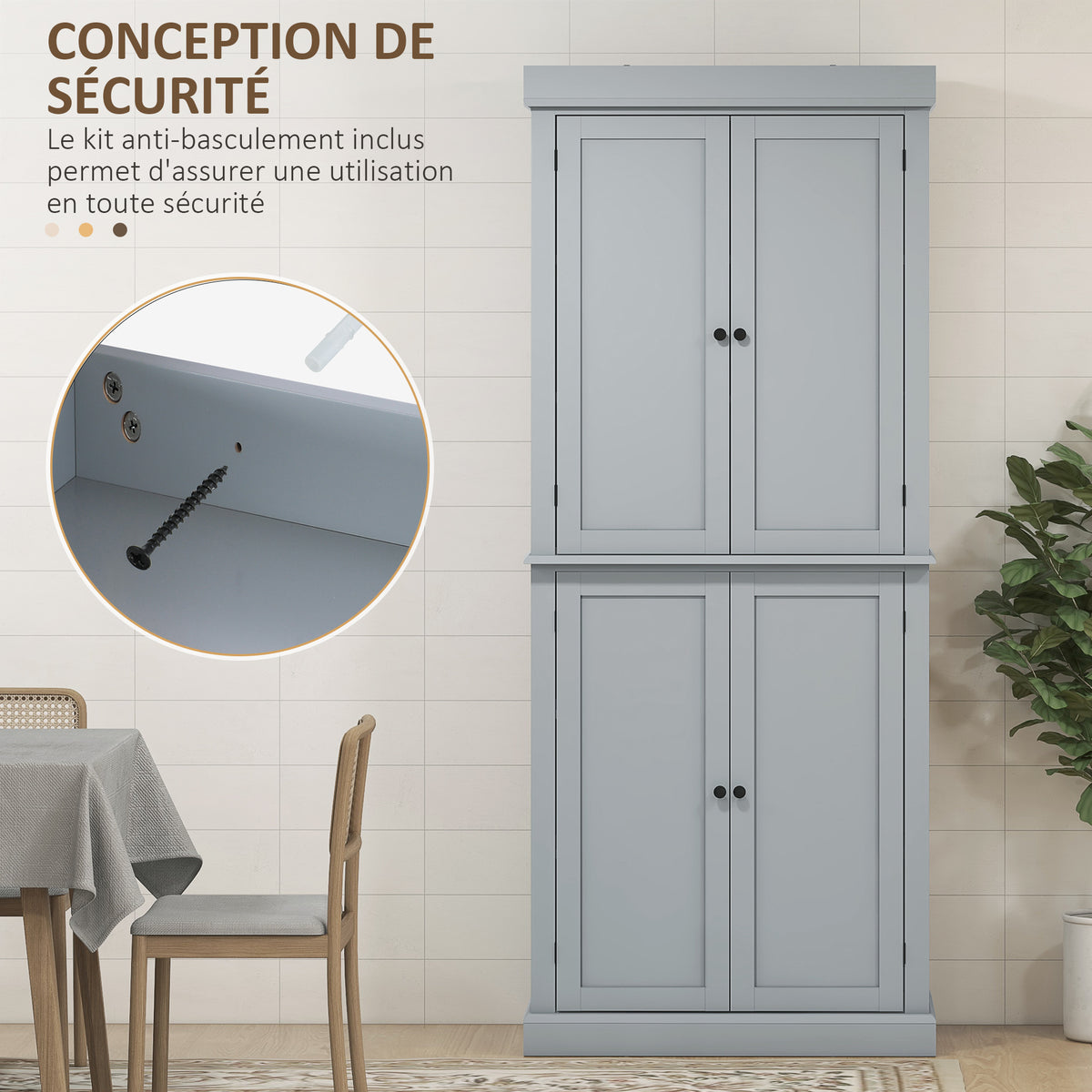 Armoire de cuisine buffet cuisine style moderne avec placards, étagères réglables, 76 x 40,5 x 184 cm, gris-5