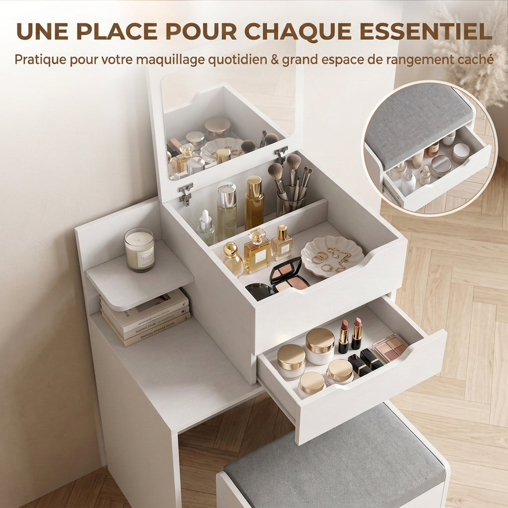 Coiffeuse avec Miroir Rabattable, Tabouret à Roulettes, Siège Rembourré, Tiroir, Étagère, Compartiment, Blanc-4