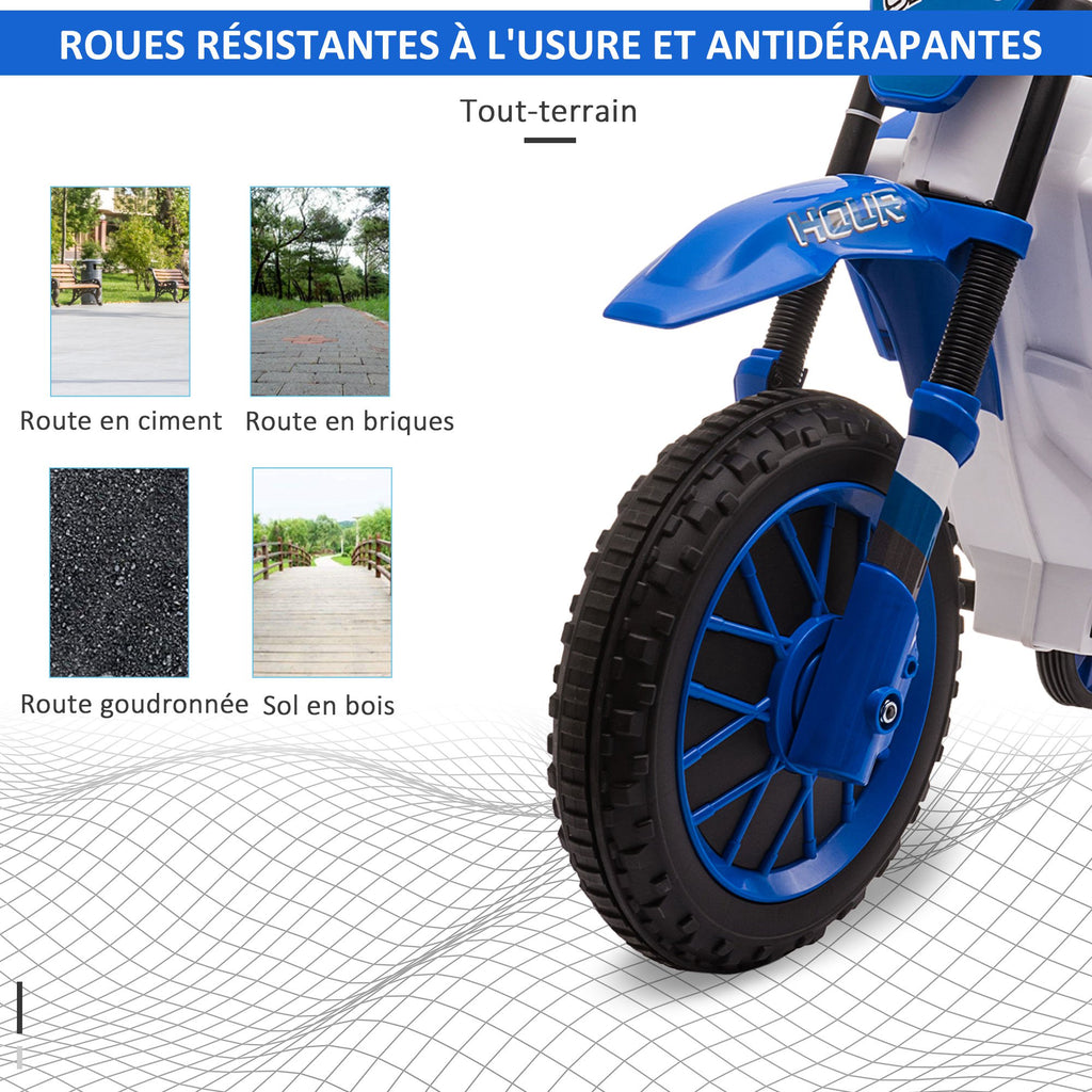 Moto Cross électrique Enfant 3 à 6 Ans 12 V 3-8 Km/h avec roulettes latérales Amovibles dim. 106,5L x 51,5l x 68H cm Bleu-4
