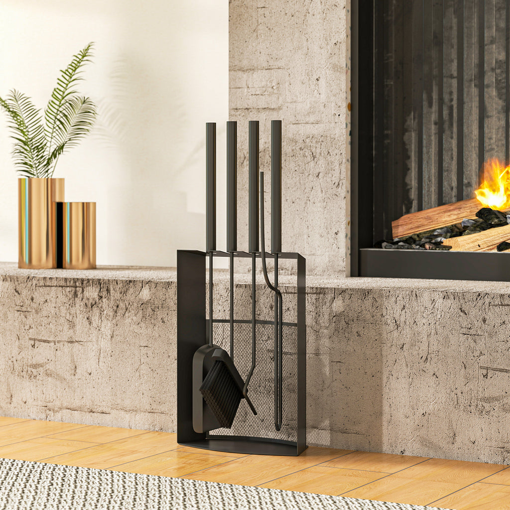Ensemble serviteur de cheminée 5 pièces métal avec balai, pelle, tisonnier, paire de pinces et support 28x13x59,5cm noir-9