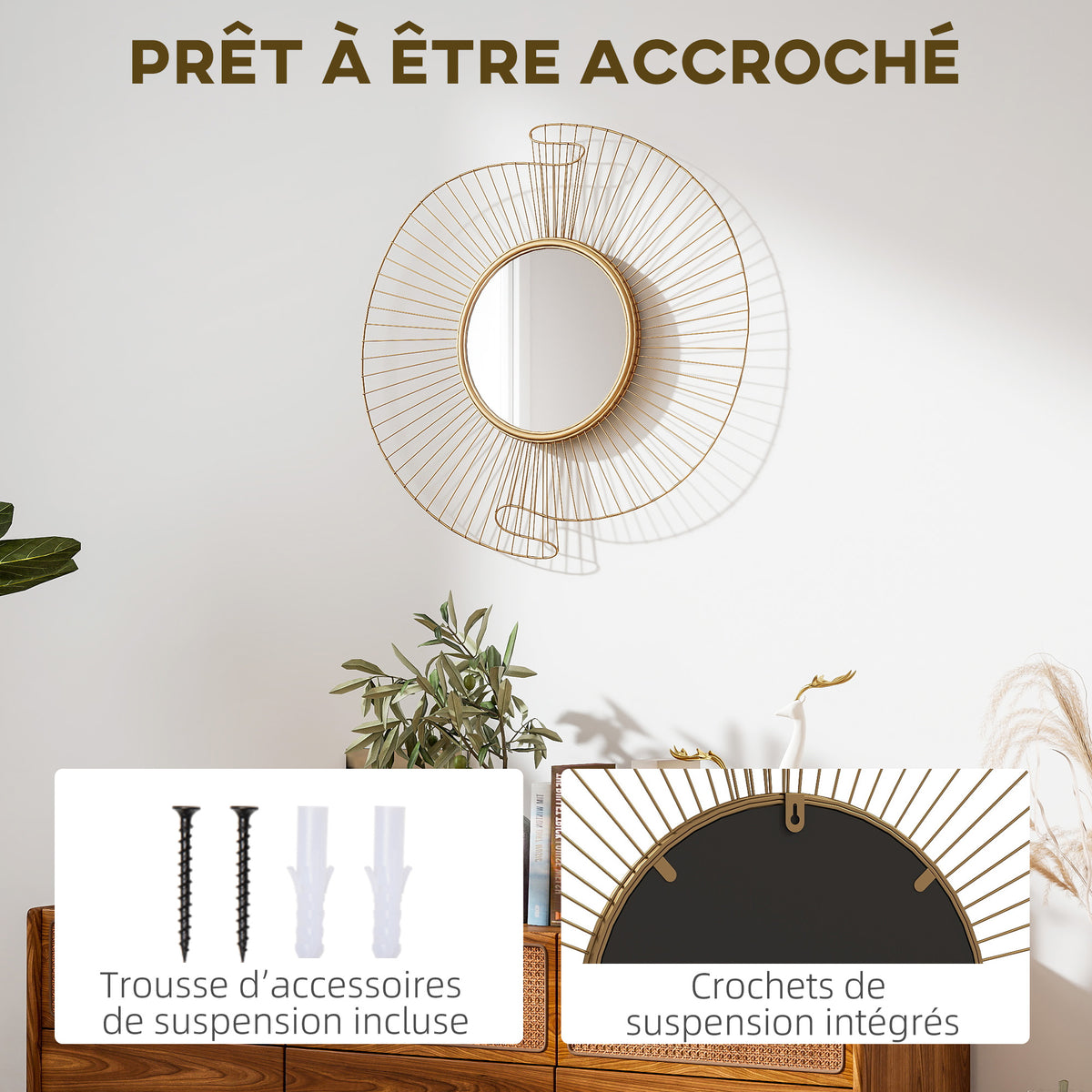 Miroir décoratif rond 60 cm avec fixation à 360°, décoration murale en métal moderne avec détails plissés, doré-4