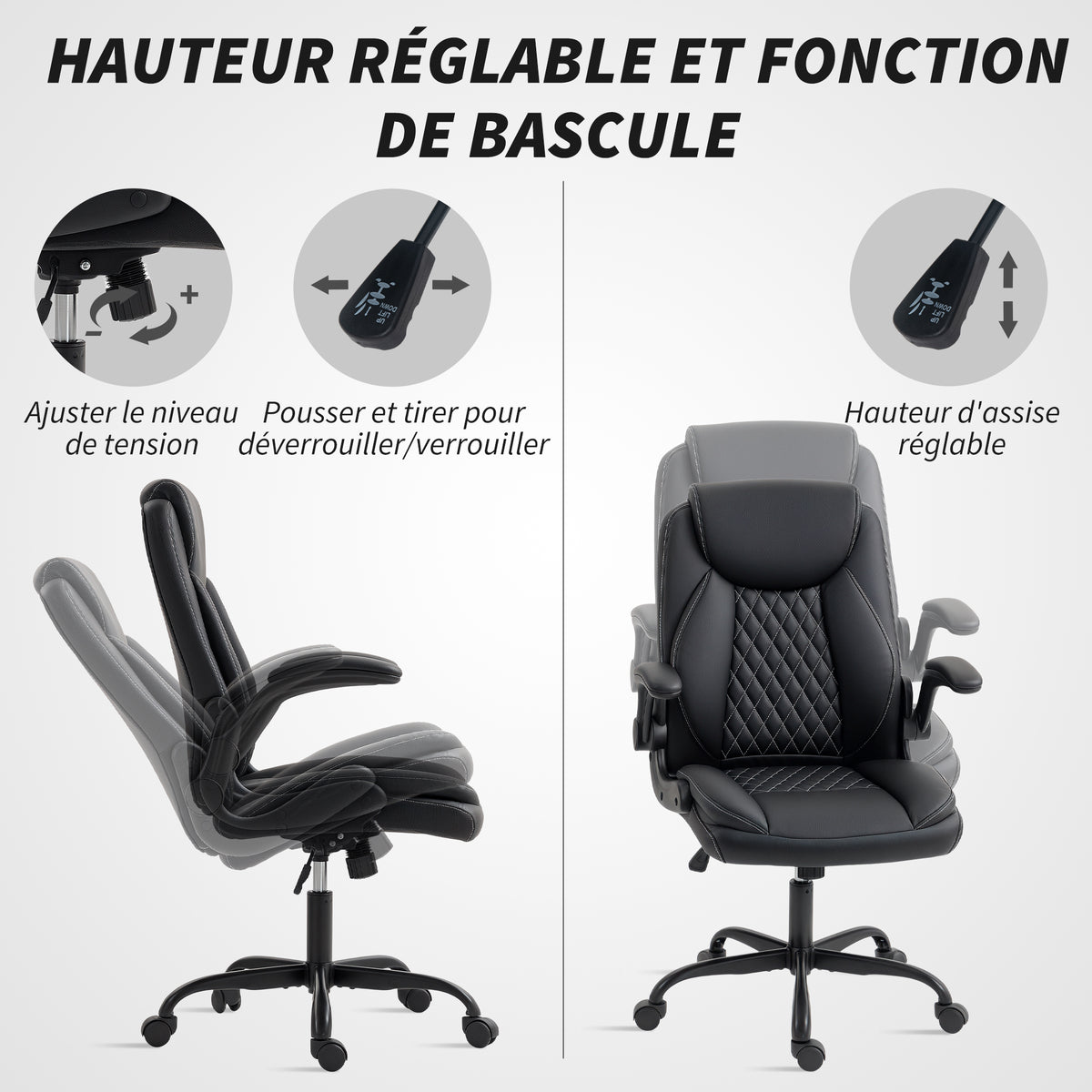 Fauteuil de bureau, chaise bureau ergonomique avec accoudoirs relevables, hauteur réglable, fonction de bascule, noir-3