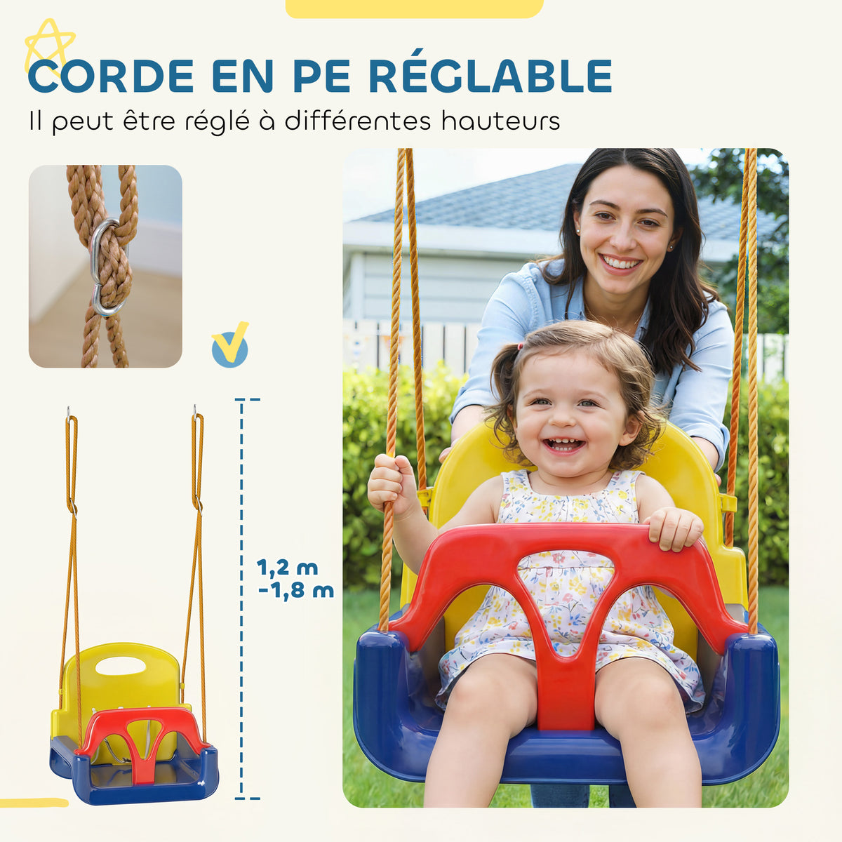 Balançoire siège 3 en 1 évolutif pour enfant avec dossier et barre en T amovibles intérieur extérieur hauteur ajustable-4