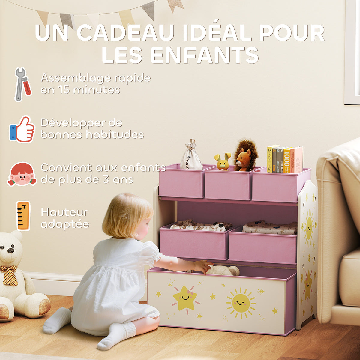 Meuble rangement enfant à 3 niveaux, étagère de rangement pour jouets enfants avec 6 boîtes en tissu amovibles, rose-5