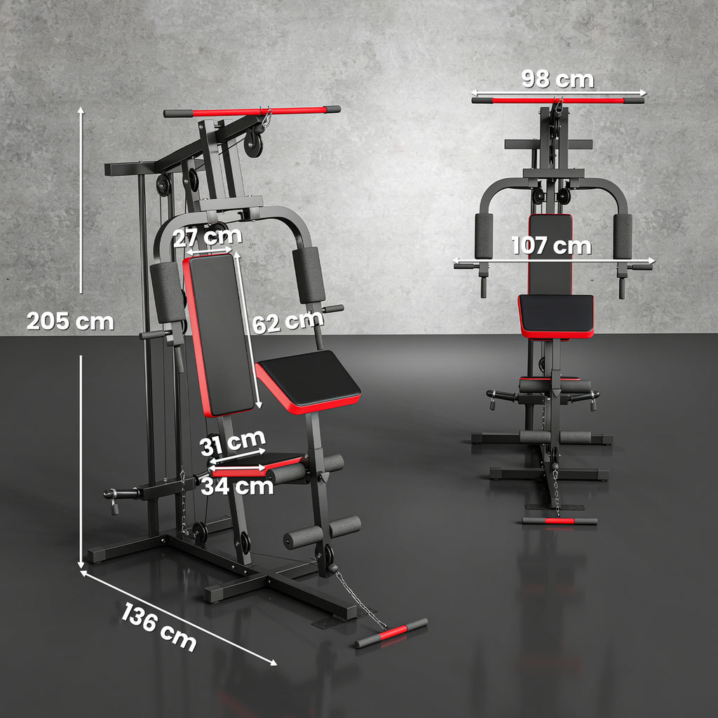 Station de Musculation Multifonction à Disques Libres, avec Banc Amovible, 136x107x205cm, Noir et Rouge-2