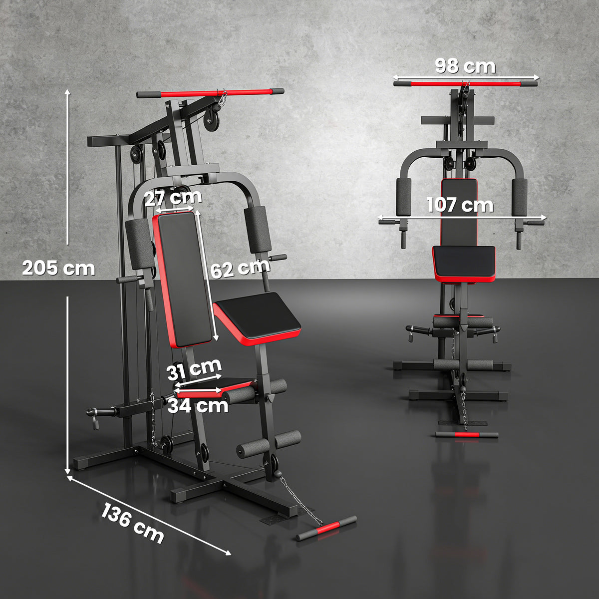 Station de Musculation Multifonction à Disques Libres, avec Banc Amovible, 136x107x205cm, Noir et Rouge-2