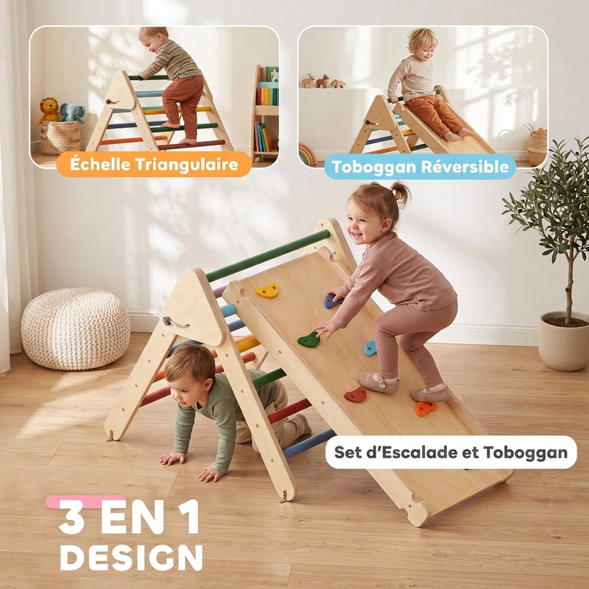 Triangle escalade enfants 3 en 1, rampe double-face pour grimper et glisser, charge 50 kg, 147x64,5x63cm, multicolore-3