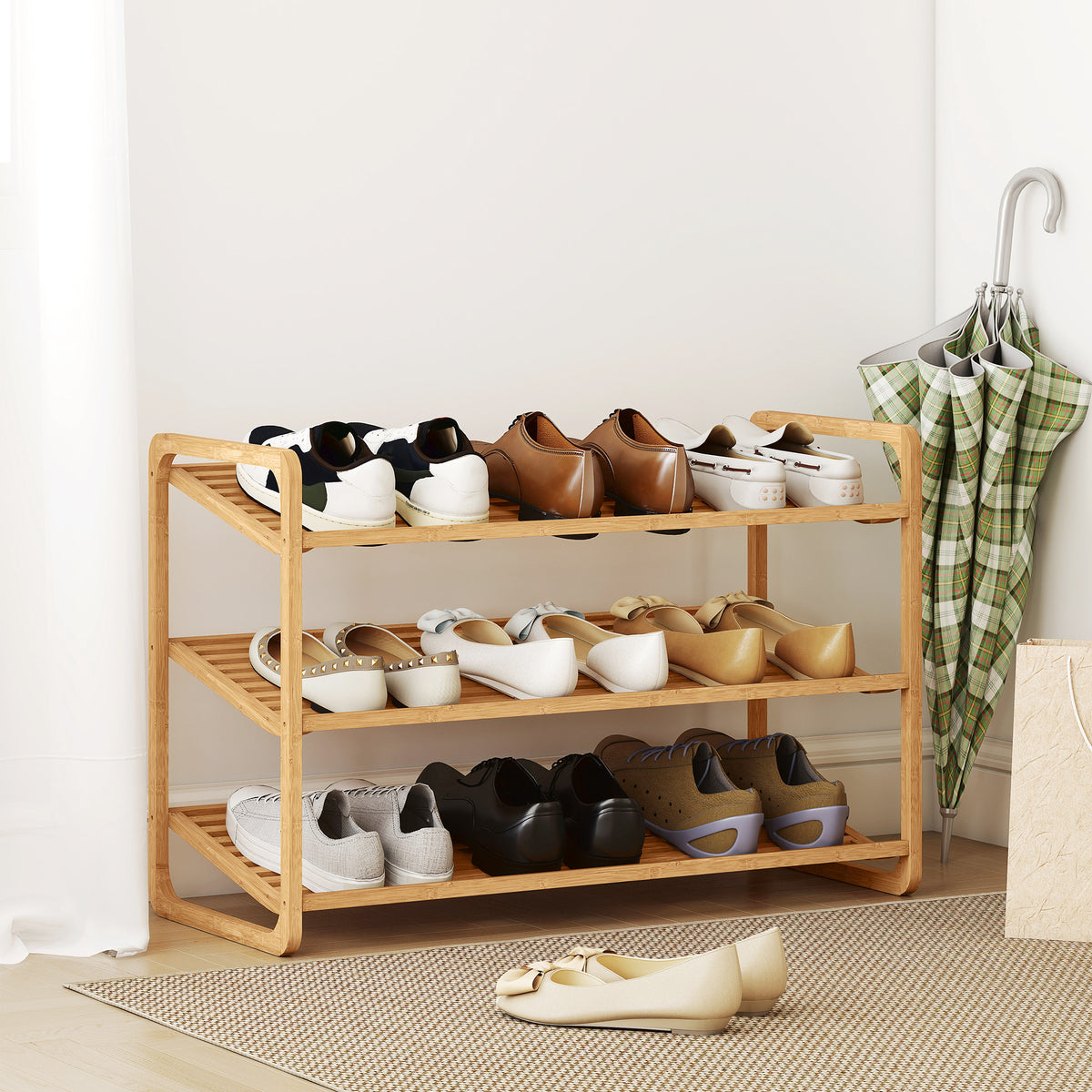 Étagère à chaussures en bambou à 3 niveaux, porte-chaussures capacité 12 paires, 76x33x50,8cm, bois naturel-1
