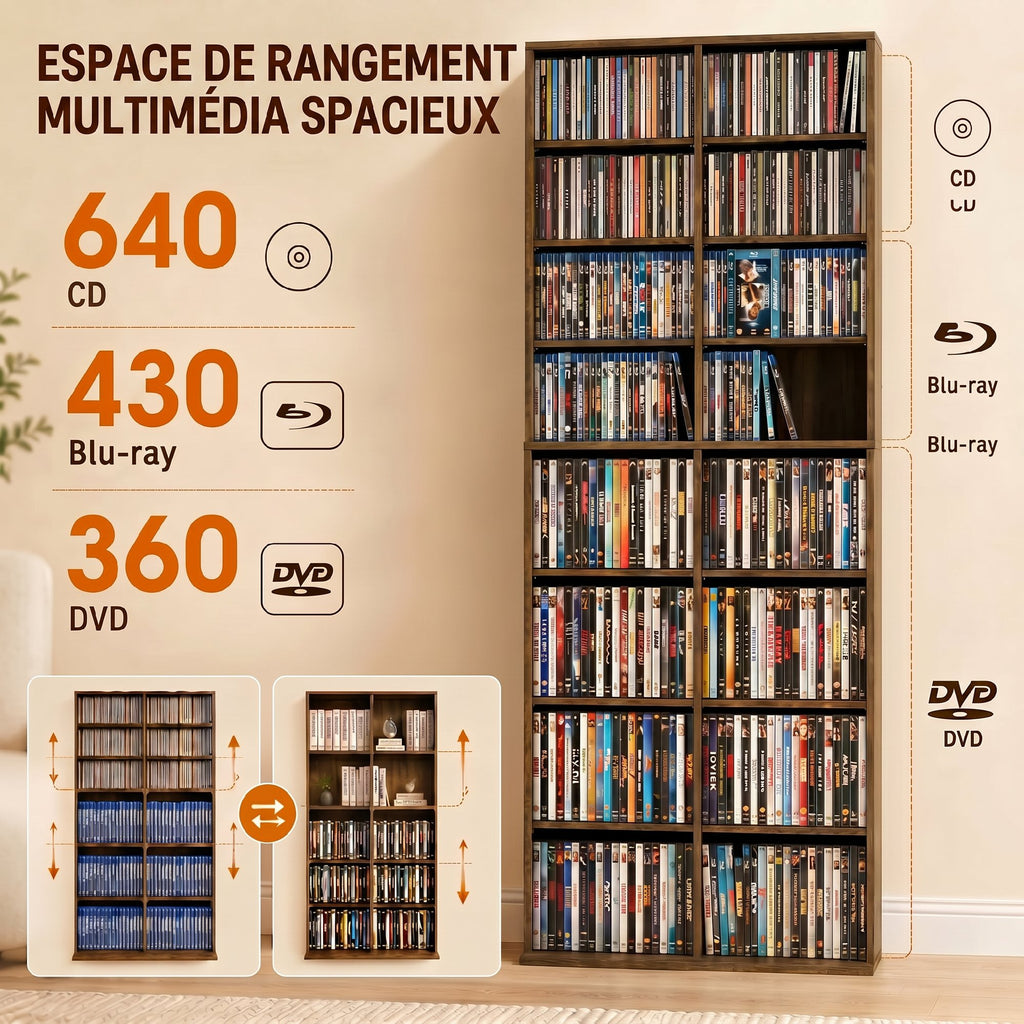 Rangements pour CD et DVD 18 compartiments capacité max. 640 CD/360 DVD 430 Blu-ray 78,5 x 24 x 175 cm noyer foncé-3