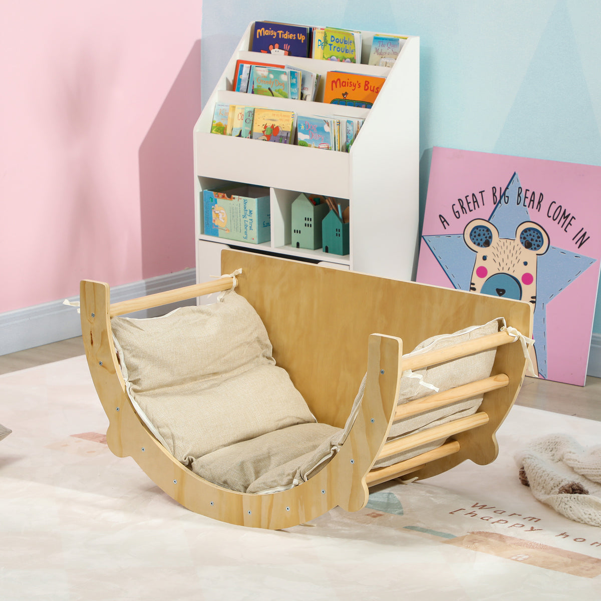 3 en 1 Arche d'escalade fauteuil à bascule et table de jeu coussin, en bois naturel, pour enfants de 18 à 48 mois-9