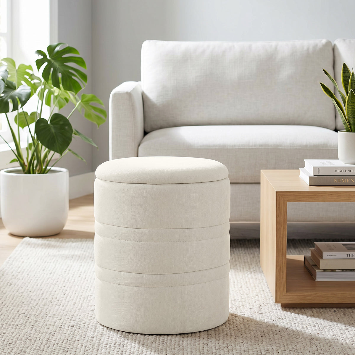 Pouf de Rangement en Chenille avec Couvercle, Tabouret Rond pour Salon et Chambre, Beige-1