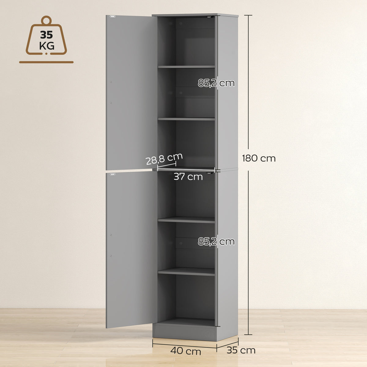 Meuble de salle de bain colonne avec 2 portes et 4 étagères réglables, 40 x 35 x 180 cm, gris-2