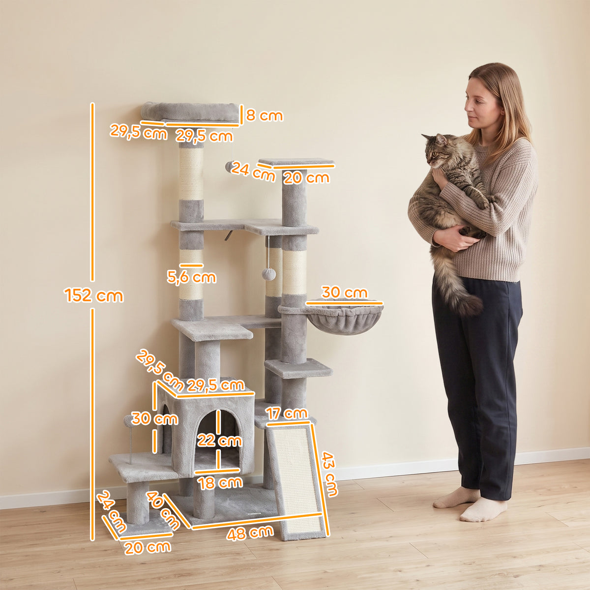 Arbre à Chat 5 niveaux 152cm, Niche, Hamac, Plateforme, Poteaux à Griffer, Balles Suspendues, Gris Clair-2