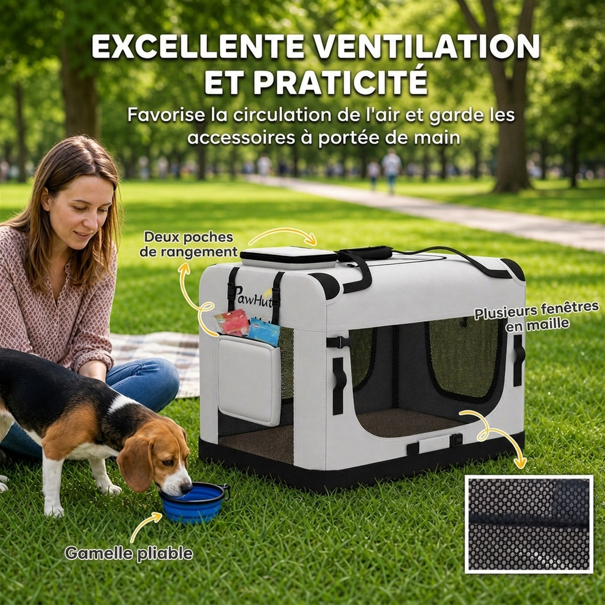 Grand Sac Transport Chat Chien Plaible Respirant Sangle Sécurité Coussin Lavable Gamelle Pliable 81x56x58cm Gris Clair-6
