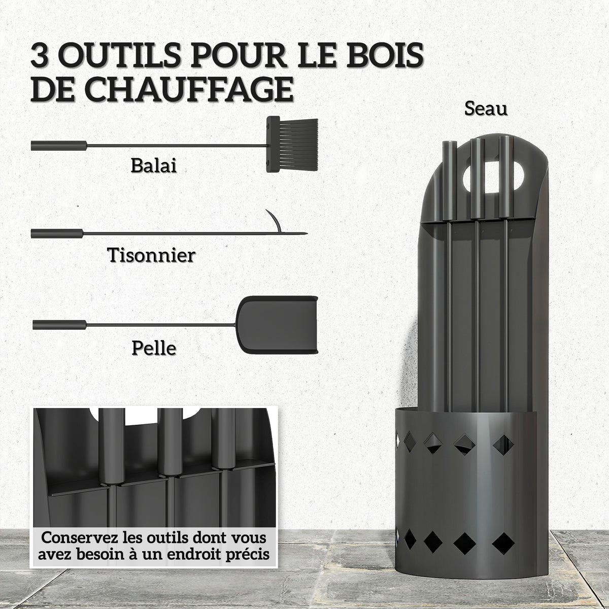 Ensemble serviteur de cheminée 4 pièces, accessoire outils cheminee avec balai pelle tisonnier et support, en métal noir-3