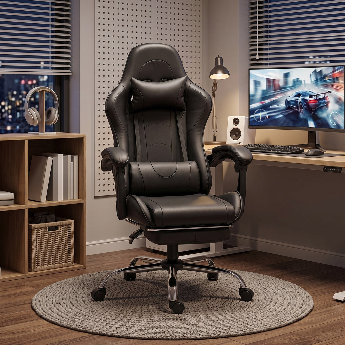 Chaise Gaming Ergonomique avec Coussin Lombaire Massant, Fauteuil Gaming Inclinable en Cuir Synthétique, Noir-1